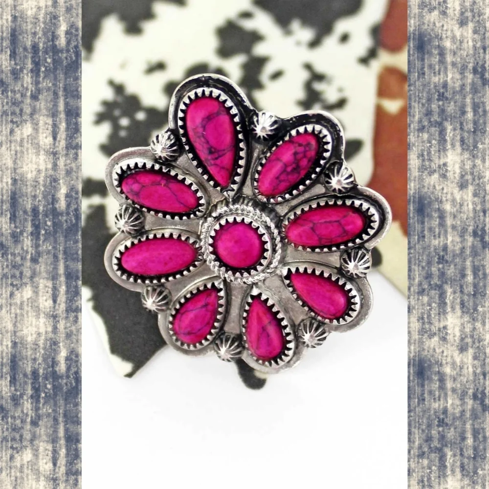 Free Spirit Boho Native South Western People Pink Stone Beaded Flower Ring